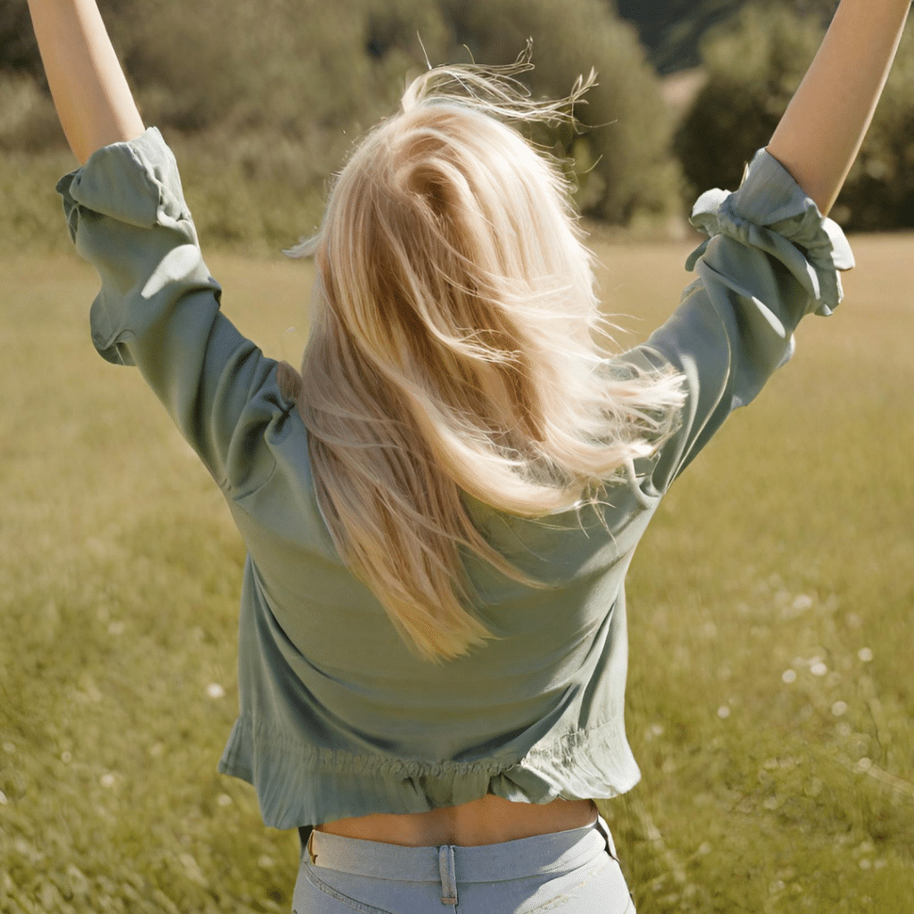 Woman in triumphant pose with arms raised and outstretched facing an open, sunny field