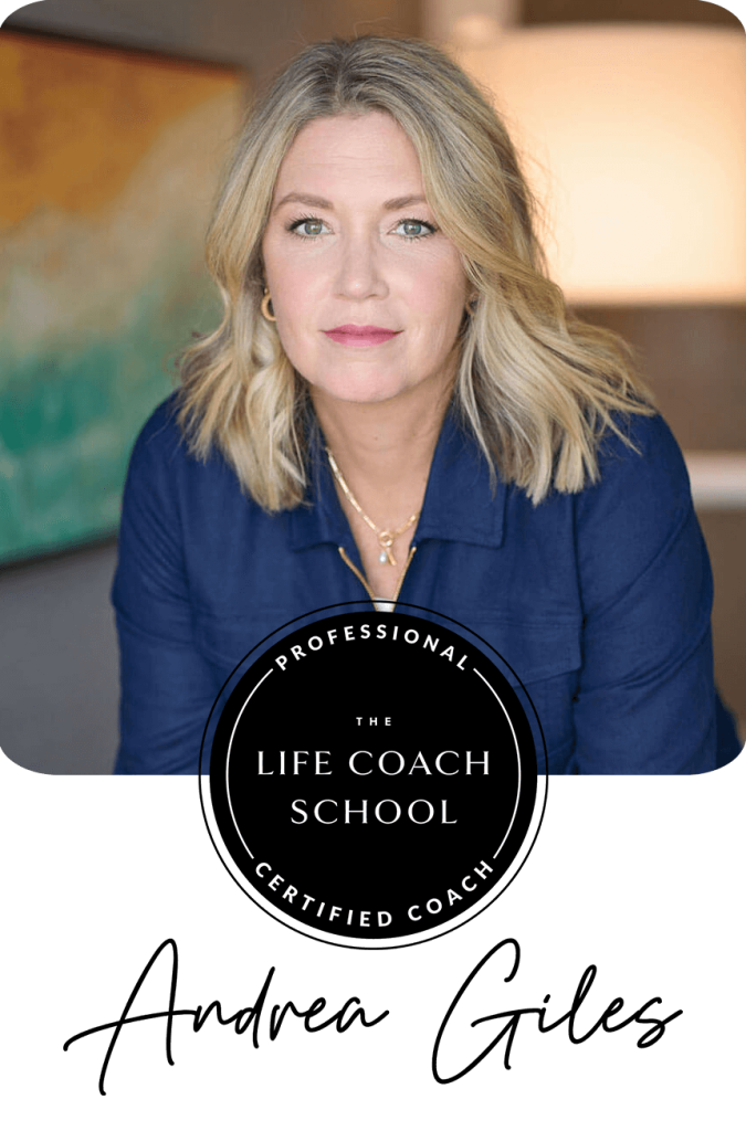 Andrea Giles Infidelity Coach Portrait overlaid with The Life Coach School: Professional Certified Coach seal and signature